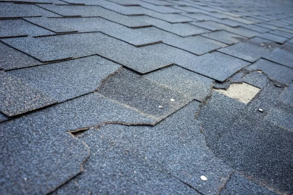 close-up damaged shingles