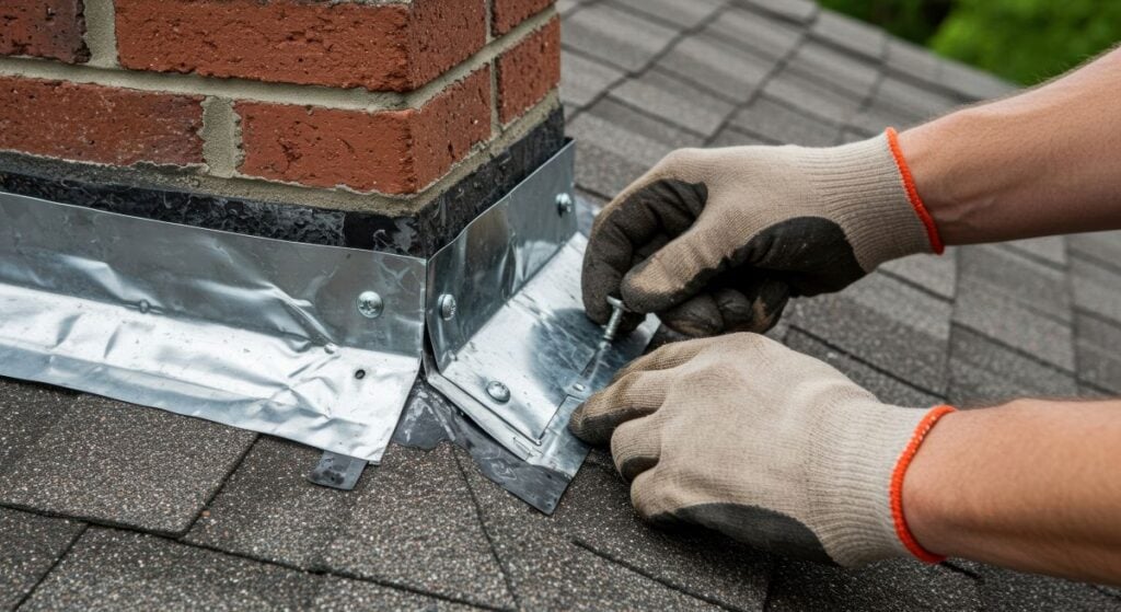 hand repairing roof flashing