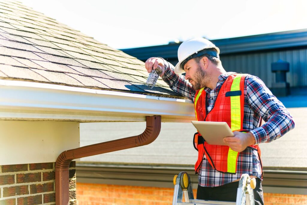 man in hard hat inspecting roof