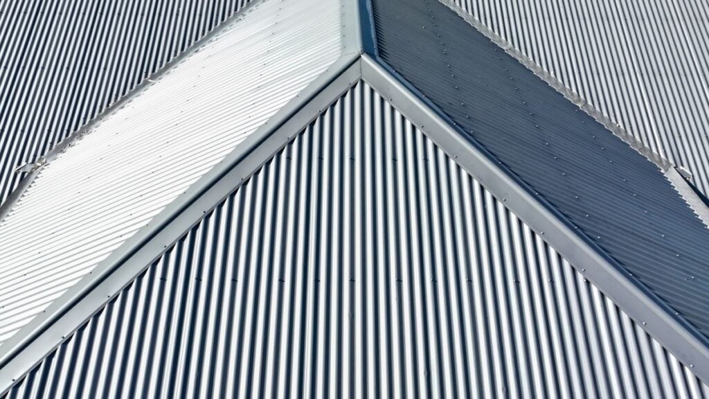 Drone aerial photograph of a grey metal roof