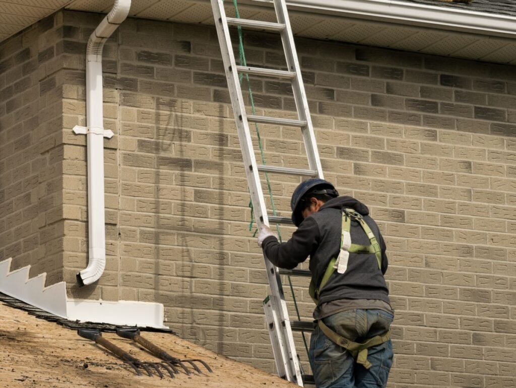 black streaks on roof worker inspecting shingles climbing ladder