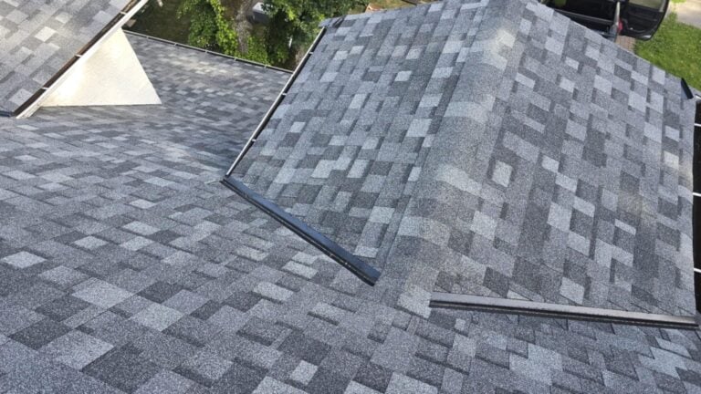 Close-up of a grey shingle roof