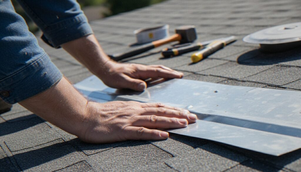 A close-up view of a professional roofer's hands installing metal flashing on a residential asphalt shingle roof during a repair.